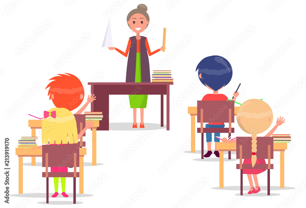 ABC Lesson in Primary School. Children Sit at Desk