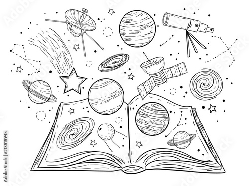 Open book with universe, planets, stars and galaxies
