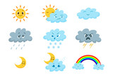 Cartoon funny weather icon set.