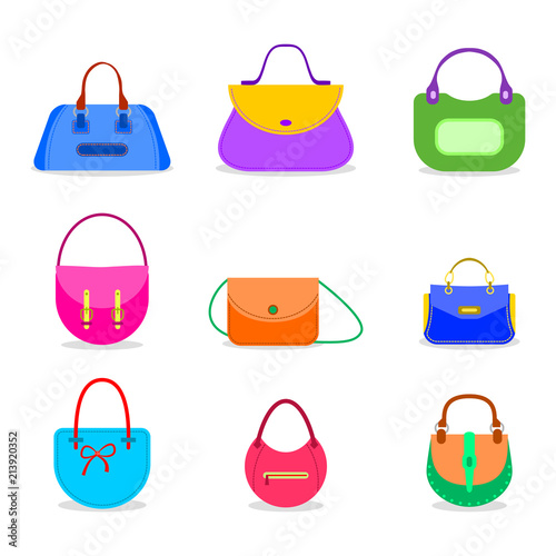 Womans hand bag set in flat style