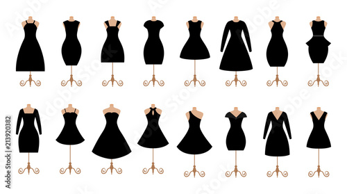 Woman black dresses fashion icon set. Female clothes collection.