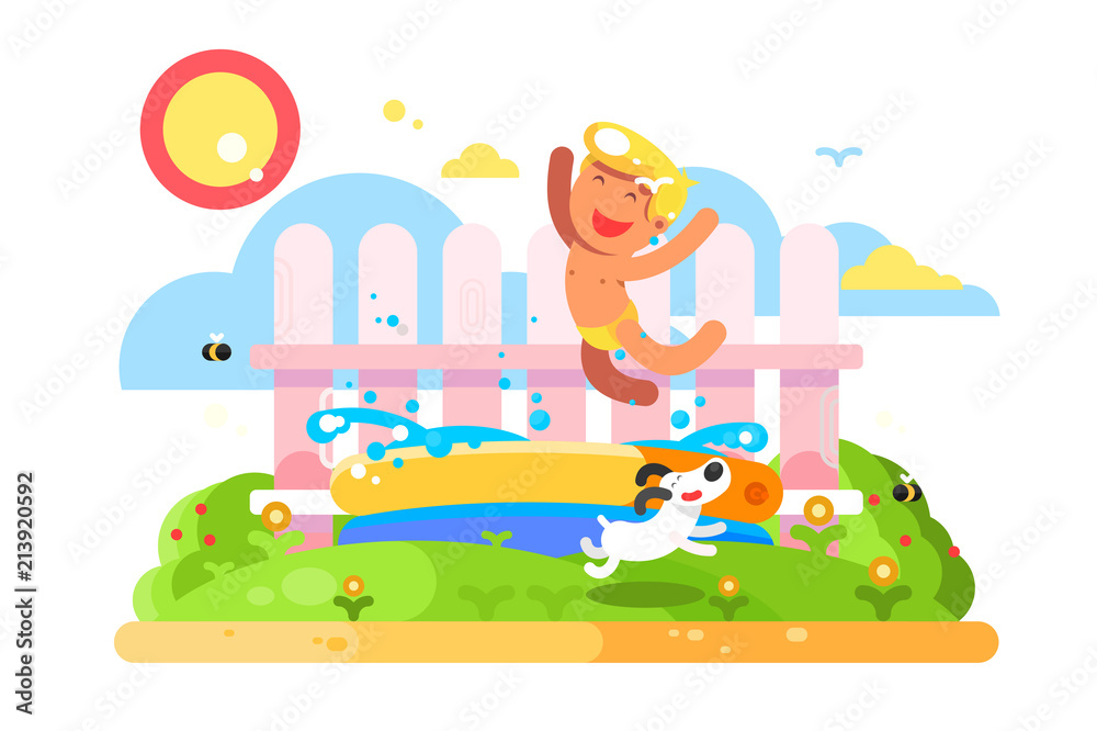 Fototapeta premium Child boy play in garden pool