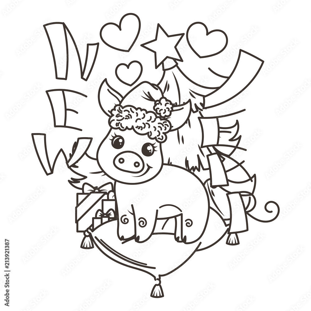 Fototapeta premium Happy New 2019 Year card with cartoon baby pig. Small symbol of holiday.