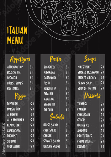 Black and white vector illustration - Italian menu on textured wood background. Food - pasta, appetizers, desserts. Perfect for restaurant, cafe flyer, delivery pizzeria menu. red wood background.