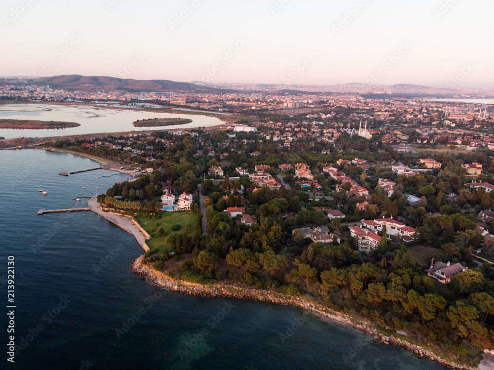 Aerial Drone View of Istanbul Tuzla Seaside at Golden Hour / Blue Hour