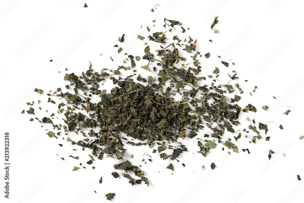 Dry, cut and sliced nettle pile, isolated on white background, top view Dry, cut and sliced nettle pile, isolated on white background, top view