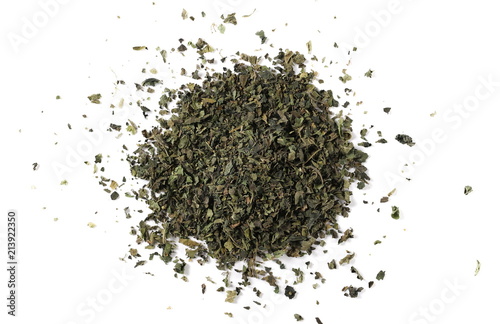Dry, cut and sliced nettle pile, isolated on white background, top view