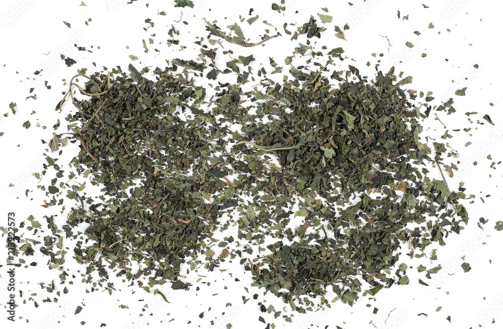 Dry, cut and sliced nettle pile, isolated on white background, top view