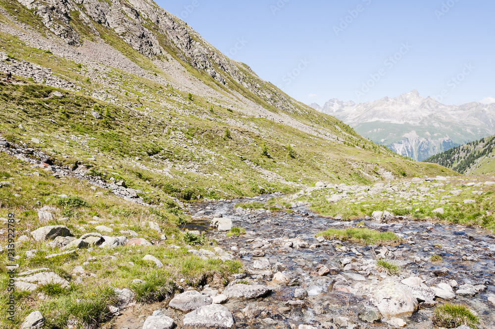 Muottas Muragl, Ova da Muragl, Bergbach, Val Muragl, Wanderweg, Panoramaweg, Alp, Oberengadin Alpen, Graubünden, Sommer, Schweiz