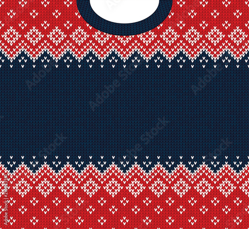 Ugly sweater Merry Christmas and Happy New Year greeting card frame border template. Vector illustration knitted background pattern with folk style scandinavian ornaments. White, red, blue colors.