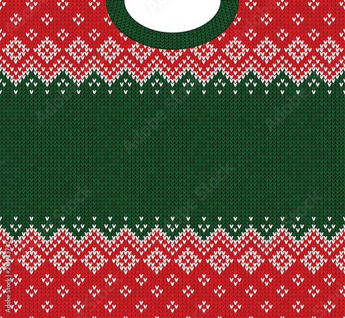 Ugly sweater Merry Christmas and Happy New Year greeting card frame border template. Vector illustration knitted background pattern with folk style scandinavian ornaments. White, red, green colors.