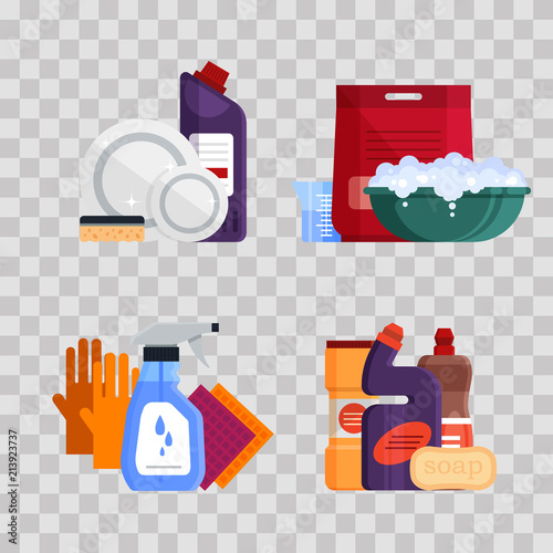 Cleaning service. Set house cleaning tools on trnsparent background. Detergent and disinfectant products for dishwashing, laundry, washing windows and toilet cleaning, baths, household equipment -