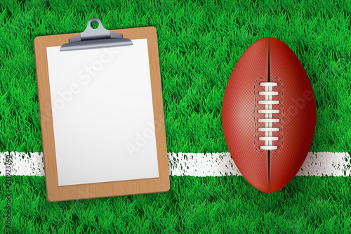 Stadium grass field with Coaching blank clipboard and Australian football or rugby ball. Editable Vector illustration Isolated on background.
