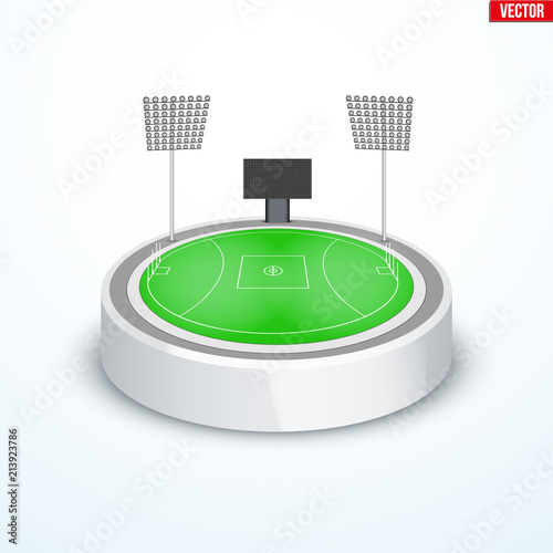 Concept of miniature round tabletop Australian rules football stadium. In three-dimensional space. Vector illustration isolated on background.