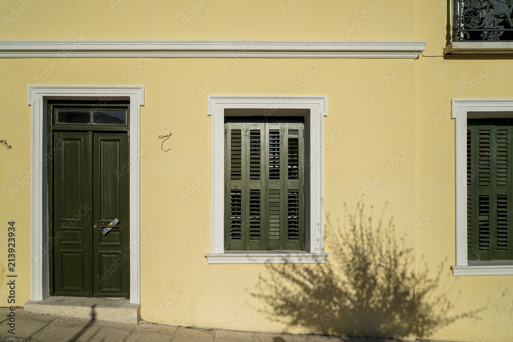 Scene of beautiful urban building facade background in pastel cream yellow plaster paint wall, olive green wooden entry door and windows with tree shadow
