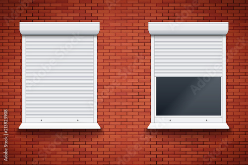 Set of Roller Shutters Window on red brick wall. Closed and Opened Protect System Equipment. White color. Vector Illustration isolated on background.