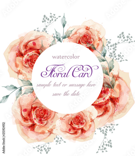 Pink watercolor roses wreath Vector. Delicate floral decor wedding or birthda...
