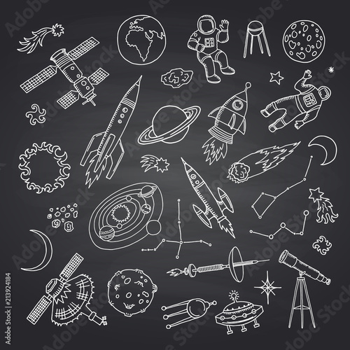 Vector hand drawn space elements on black chalkboard illustration
