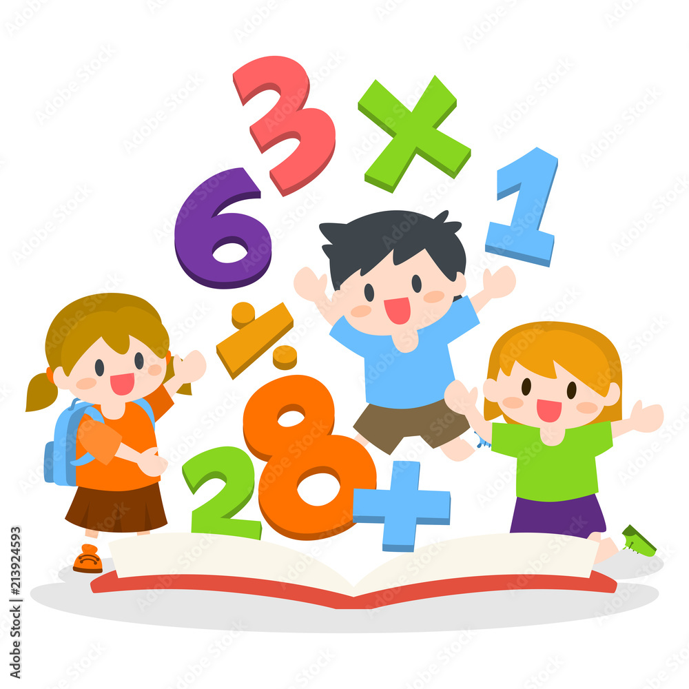 Children, Boy and Girl Learning Mathematics with opened Books Illustration Children, Boy and Girl Learning Mathematics with opened Books Illustration