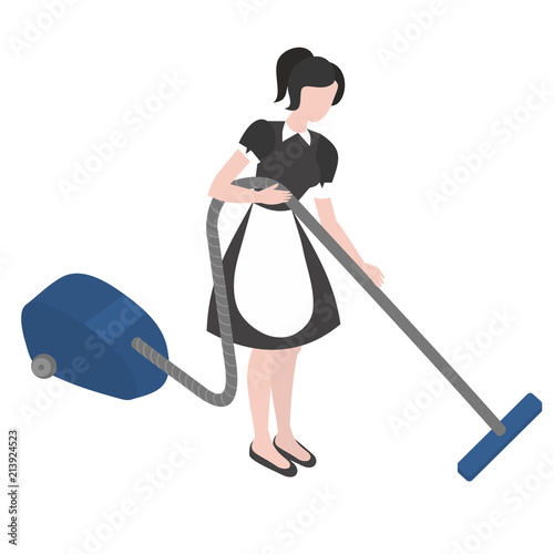 Cleanup and housekeeping set. Isometric maid in uniform. Cleaning company staff occupation. Housework and household