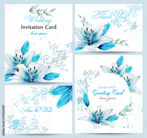 Blue lily Watercolor flower blossom card set Vector. Vintage greeting poster, wedding invitation, thank you postcard. Summer floral decoration bouquets