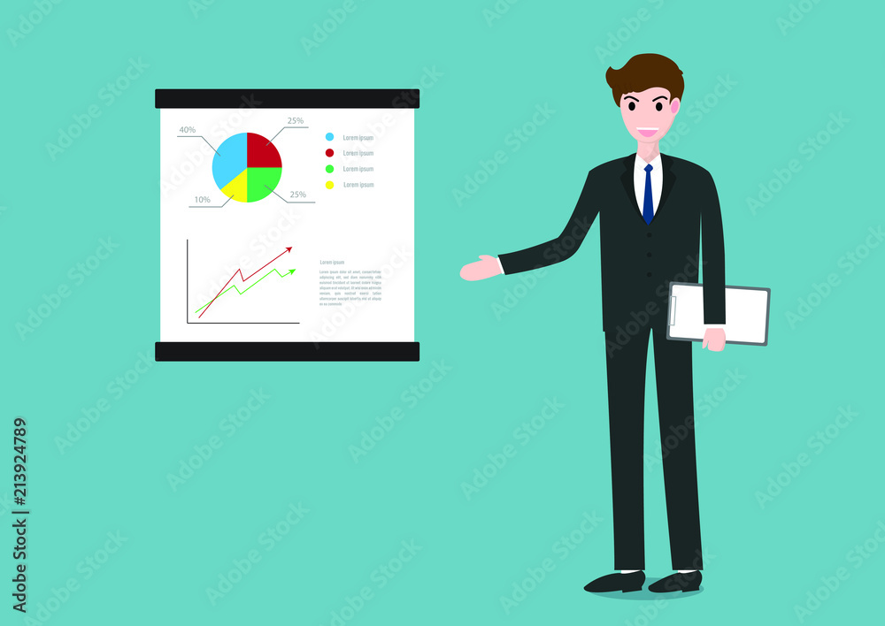 Businessman standing near flip chart and present business concept or profit.Vector illustration Businessman standing near flip chart and present business concept or profit.Vector illustration