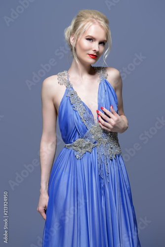 woman in blue dress