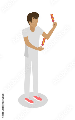 Young Boy Isolated Holding Two Hot Dogs on Sticks