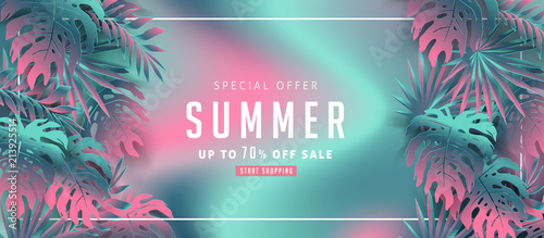 Summer sale background layout banners decorate with paper art tropical leaf vibrant bold gradient holographic .voucher discount.Vector illustration template.