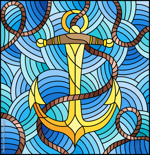 Illustration in stained glass style with ship anchor and rope on the background of waves
