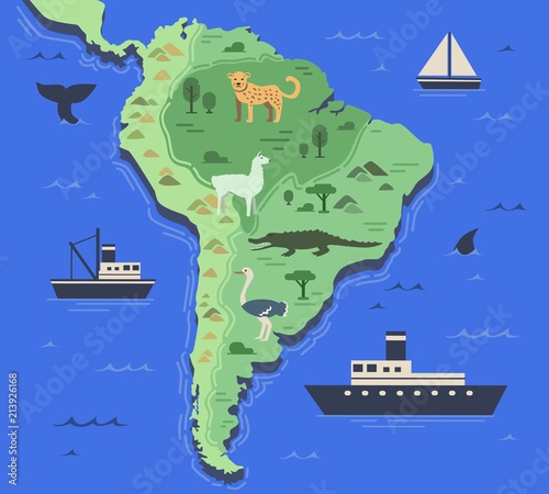 Stylized map of South America with indigenous animals and nature symbols. Simple geographical map. Flat vector illustration.