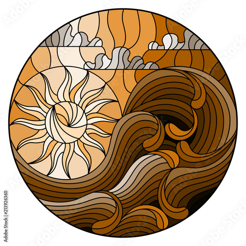 The illustration in stained glass style painting abstract landscape sea waves on the background of Sunny sky and clouds, round illustration,tone brown