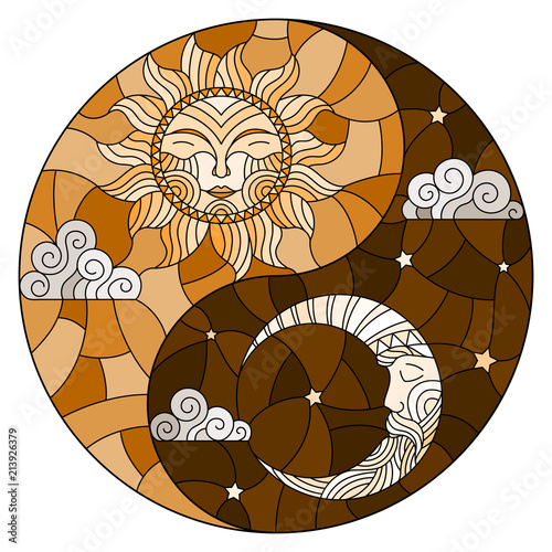 Illustration with sun and moon on sky background in the form of Yin Yang sign, circular image,tone brown