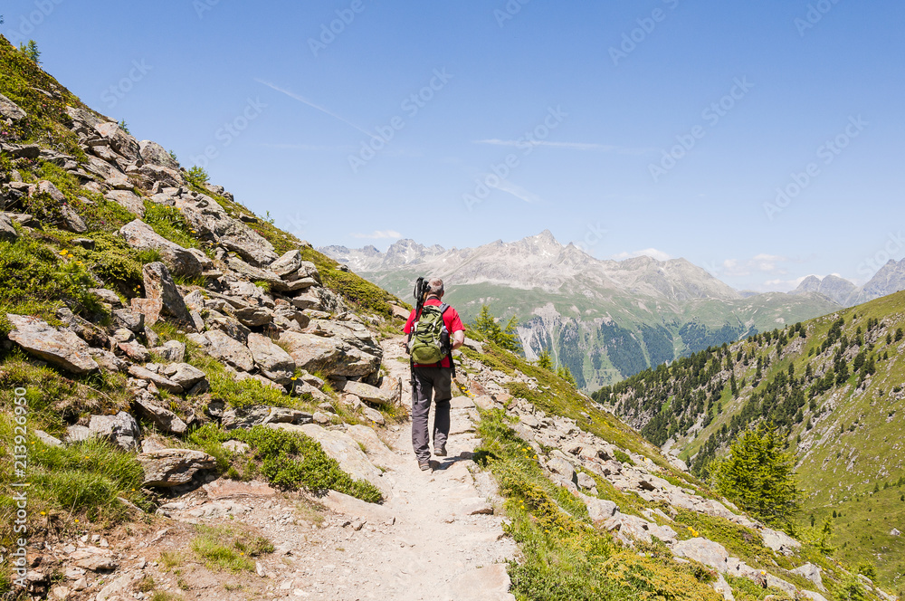 St. Moritz, Muottas Muragl, Wanderweg, Panoramaweg, Wanderer, Klimaweg, Alpen, Oberengadin, Graubünden, Sommer, Schweiz