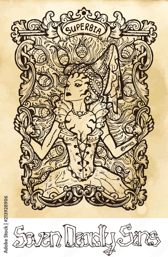Vecteur Stock Pride. Latin word Superbia means Vanity. Seven deadly sins  concept on texture background. Vector collection with frame. Hand drawn  engraved illustration, tattoo and t-shirt design, religious symbol | Adobe  Stock