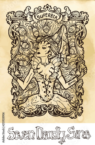Pride. Latin word Superbia means Vanity. Seven deadly sins concept on texture background. Vector collection with frame. Hand drawn engraved illustration, tattoo and t-shirt design, religious symbol