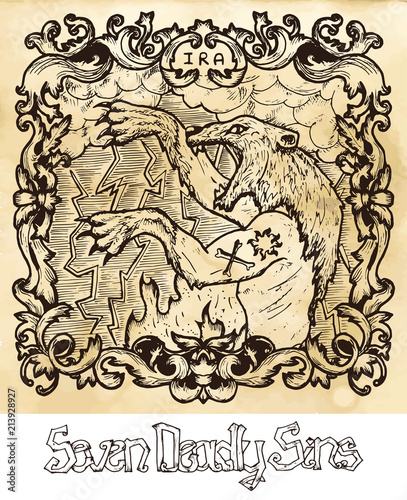 Wrath. Latin word Ira means Anger. Seven deadly sins concept on texture vector background. Vector collection with frame. Hand drawn engraved illustration, tattoo and t-shirt design, religious symbol