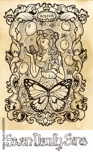 Sloth. Latin word Acedia means Despair or Apathy. Seven deadly sins concept on texture vector background. Vector collection with frame. Hand drawn engraved illustration, tattoo and t-shirt design