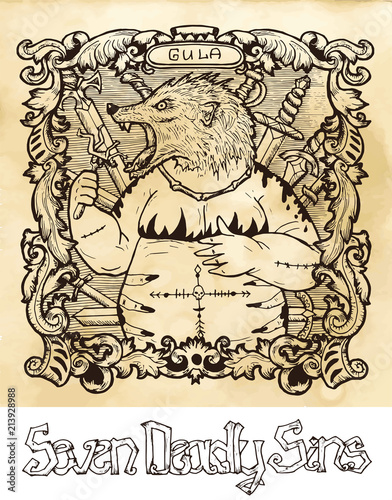 Gluttony. Latin word Gula means Obesity. Seven deadly sins concept on texture vector background. Vector collection with frame. Hand drawn engraved illustration, tattoo and t-shirt design