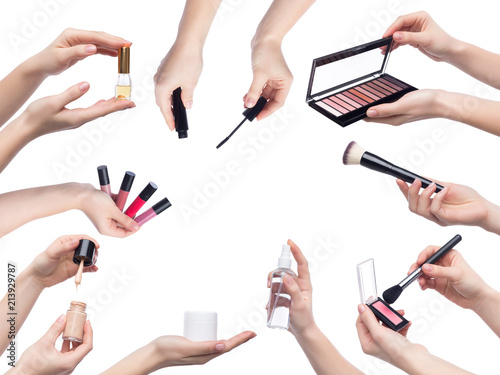 Collection of makeup cosmetics in hands