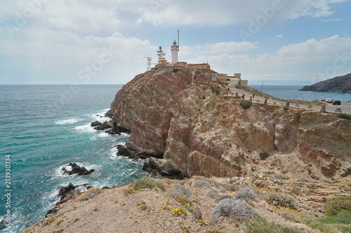 The cape de Gata lighthouse, Cabo de Gata-Níjar natural park, Mediterranean sea, Almeria, Andalusia, Spain