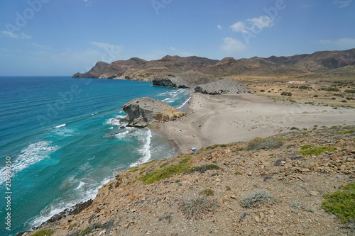 Coastal landscape in the Cabo de Gata - Nijar natural park, Playa de Mónsul, Mediterranean sea, Almeria, Andalusia, Spain