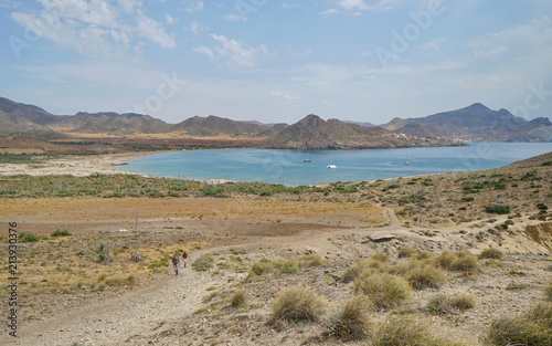 Landscape in the Cabo de Gata-Níjar natural park, the bay and beach of the Genoveses, Mediterranean sea, Almeria, Andalusia, Spain