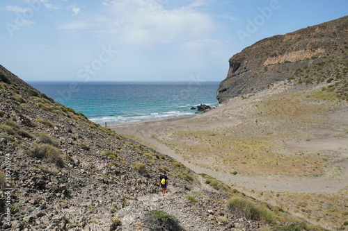 Footpath leading to a secluded sandy beach, Cala Chica in the Cabo de Gata-Níjar natural park, Mediterranean sea, Almeria, Andalusia, Spain