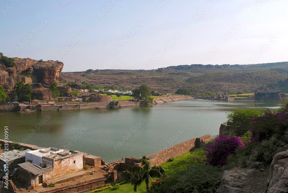View of Agastya Lake and Badami fort, North, from cave 2, Badami, Karnataka.