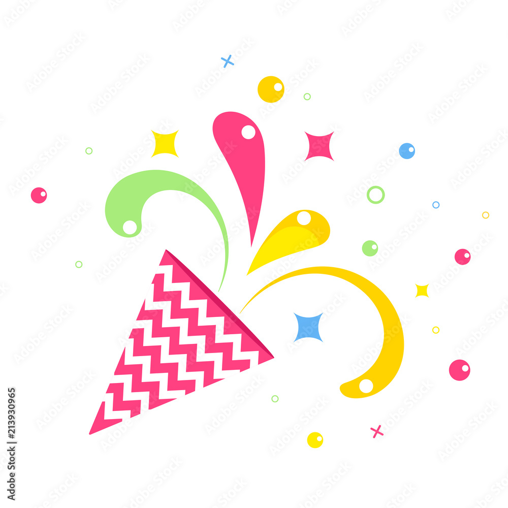 Birthday party hat flat vector cartoon icon. Fireworks, confetti and hanging sparkling serpentine. Balloons, cake, gifts and surprises. Objects isolated on white background. Stock Vector | Adobe Stock Birthday party hat flat vector cartoon icon. Fireworks, confetti and hanging sparkling serpentine. Balloons, cake, gifts and surprises. Objects isolated on white background. Stock Vector | Adobe Stock