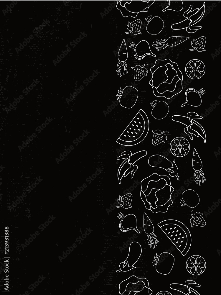 Menu, recipe book, cafe and restaurant flyers typography poster template,  Text and food symbols, on chalkboard background. Vector illustration with  foodstuff border, black and white. Stock Vector | Adobe Stock