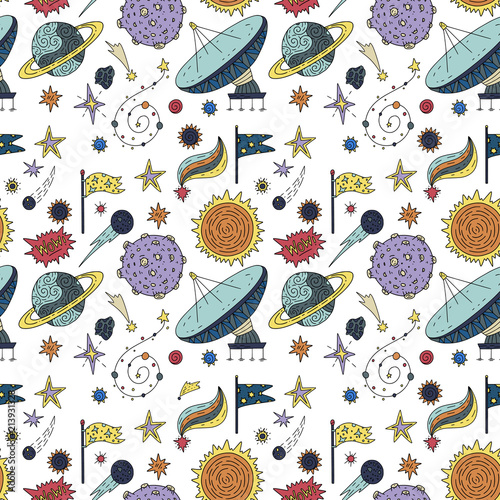 Seamless vector pattern with cosmos doodle illustrations. Galaxy handdrawn elements. photo