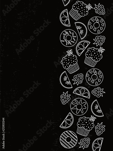 Menu, recipe book, cafe and restaurant flyers typography poster template, Text and food symbols, on chalkboard background. Vector illustration with foodstuff border, black and white.