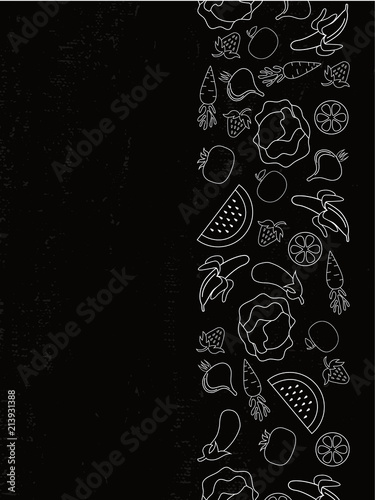 Menu, recipe book, cafe and restaurant flyers typography poster template, Text and food symbols, on chalkboard background. Vector illustration with foodstuff border, black and white.